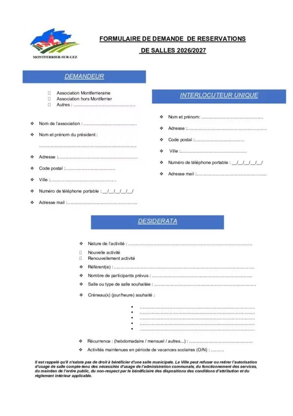 Image du document FORMULAIRE DE DEMANDE DE RESERVATIONS DE SALLES 2026