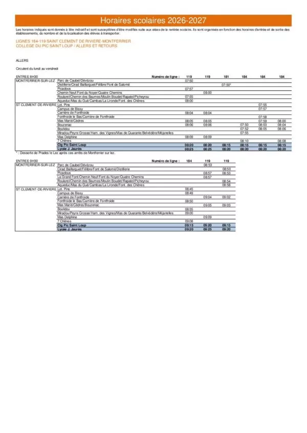 Image du document horaires scolaires 2026-2027 collège Pic Saint-Loup